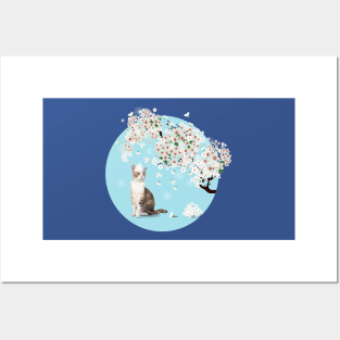 White Cherry Blossom Kitty Posters and Art